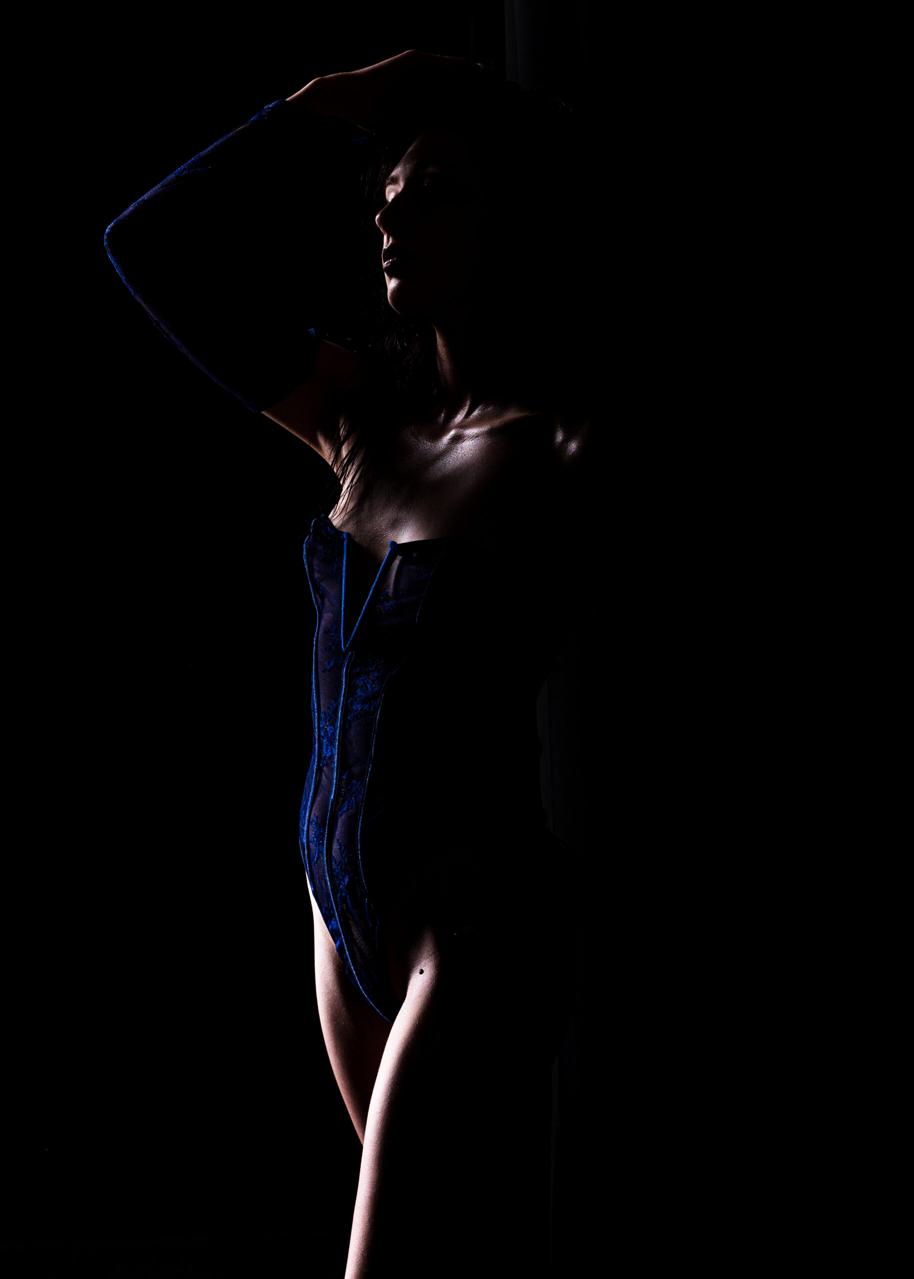 moody silhouette portrait of woman in corset with soft lighting highlighting body shape